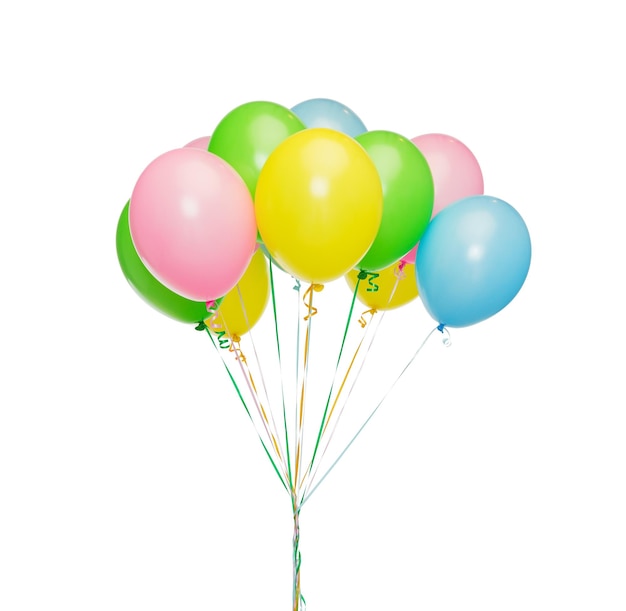 holidays, birthday, party and decoration concept - bunch of inflated colorful helium balloons