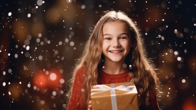 Holidays Christmas childhood concept Smiling little girl with gift box over snowfall bokeh background