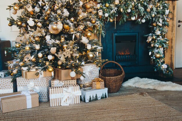 Holidays new year decor and celebration concept  close up of christmas tree decorated with balls and...