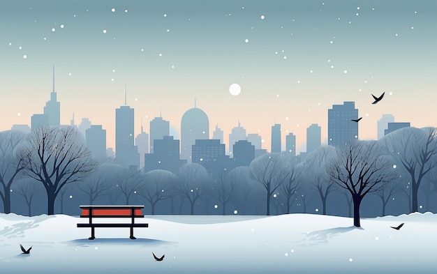 사진 벤치와 나무가 있는 휴가 공원 눈 인 도시 배경 겨울 휴가 개념