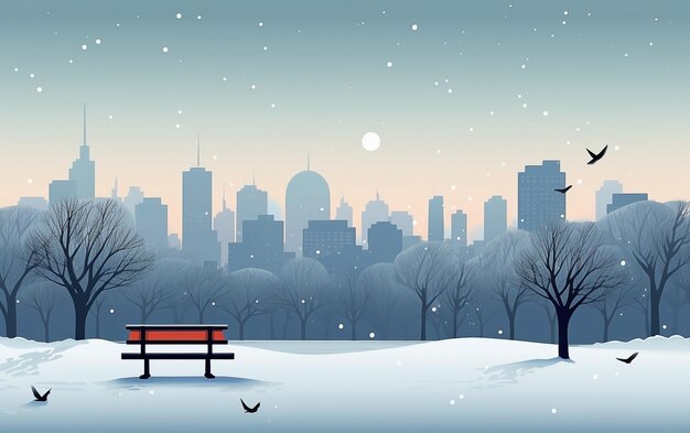 Holidays park with bench and trees snowy city background Winter holidays concept