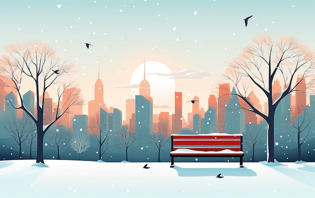 Holidays park with bench and trees snowy city background Winter holidays concept