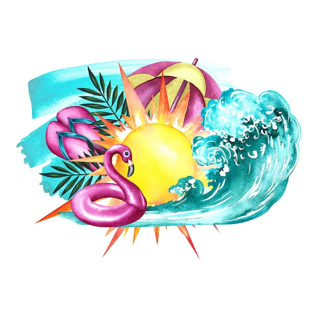 바다에서 휴가를 보내는 해변용품 태양과 바다 파도와 함께 손으로 그린 수채화 일러스트레이션