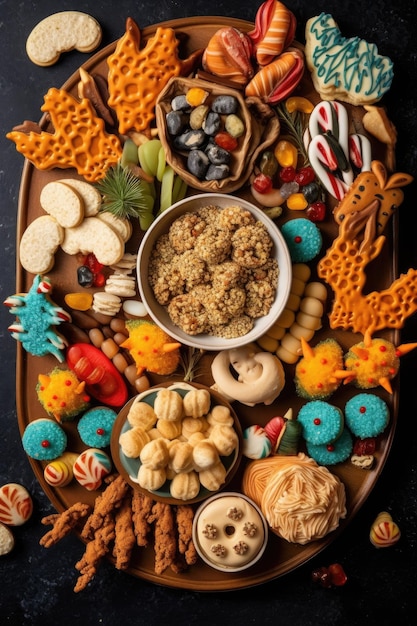 生成 AI で作成された大皿に盛られたホリデーをテーマにしたクッキーとお菓子
