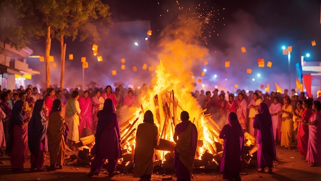 Holika Dahan bonfire crackling in the night