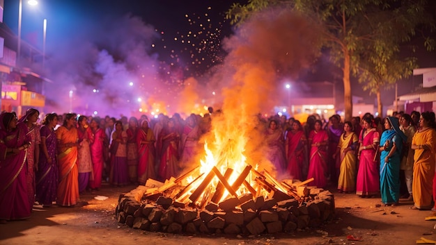 Holika Dahan bonfire crackling in the night