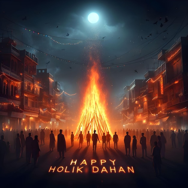 Photo holika dahan dark background holi festival wishes with bonfire and people