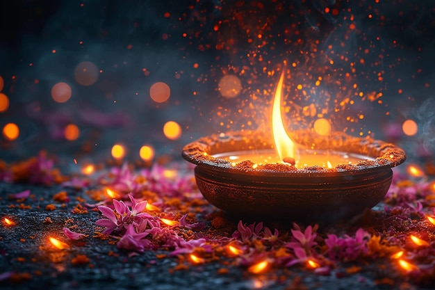 Holika Dahan Hindu festival holiday background with flower petals burning in metal bowl for ceremony