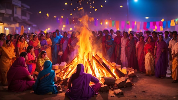 Holika Dahan kampvuur knarsend in de nacht