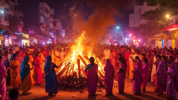 Holika Dahan kampvuur knarsend in de nacht