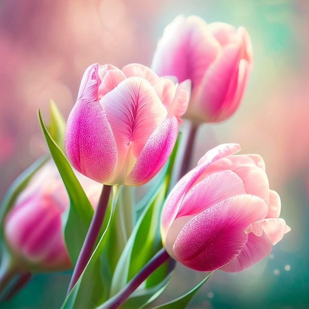 Holland's roze tulpen bloeien in een oranjerie lente seizoen op onscherpe achtergrond close-up Verse lentebloemen in de tuin met zacht zonlicht bloemen kaart selectieve focus Gemaakt met Generative AI