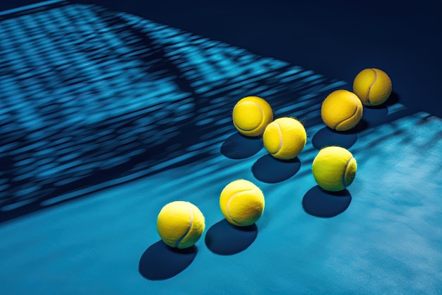 AIが生成した青色の背景に黄色のテニスボールとラケットを持つホリデースポーツコンポジション