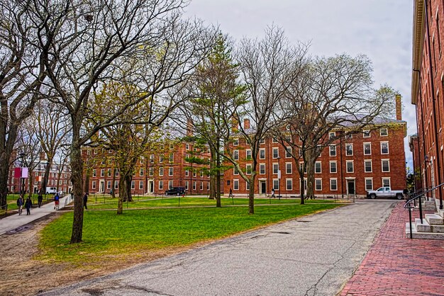 Hollis Hall and Stoughton Hall at Harvard Yard of Harvard University, Massachusetts, MA. They serve as dormitories for Harvard students. Tourists in the street