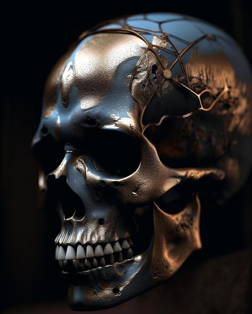 A Hollow Demon skull with gold paint and a black background