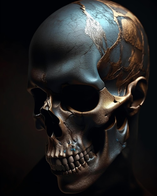 A Hollow Demon skull with gold paint and a black background