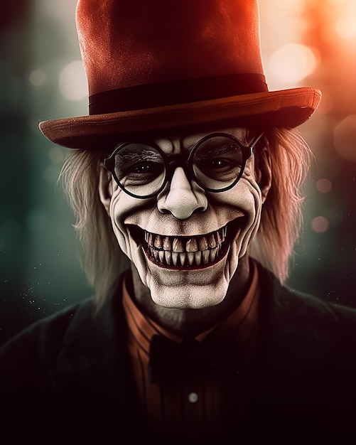 Premium AI Image  Hollow Evil Old face of a Scary Creature wearing Glasses  and vintage smile face Horror Movie Poster
