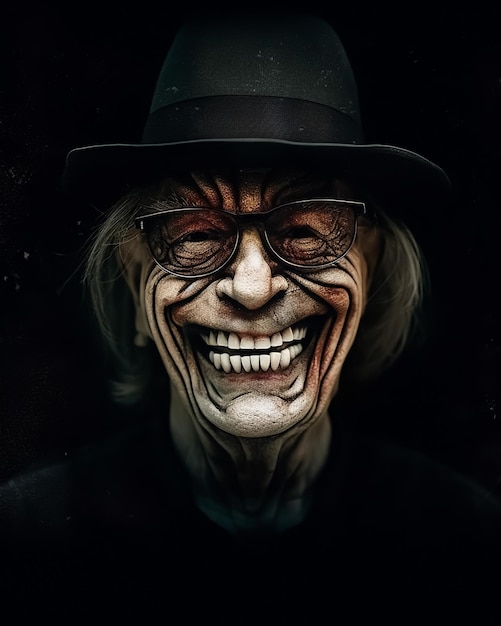 Photo hollow evil old face of a scary creature wearing glasses and vintage smile face horror movie poster