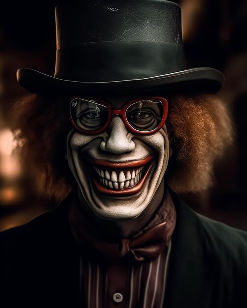 Premium AI Image  Hollow Evil Old face of a Scary Creature wearing Glasses  and vintage smile face Horror Movie Poster