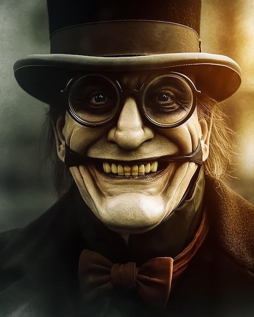 Premium AI Image  Hollow Evil Old face of a Scary Creature wearing Glasses  and vintage smile face Horror Movie Poster