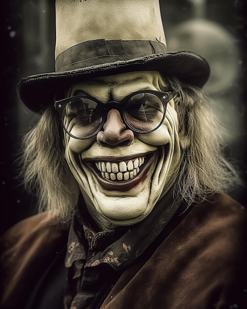 Hollow Evil Old face of a Scary Creature wearing Glasses and vintage smile face Horror Movie Poster