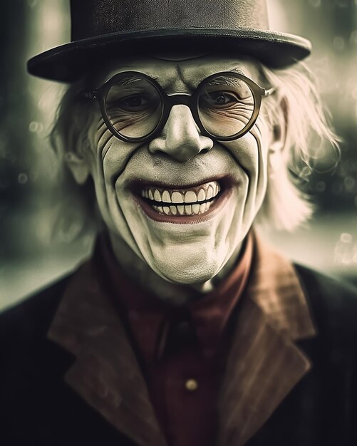 Premium AI Image  Hollow Evil Old face of a Scary Creature wearing Glasses  and vintage smile face Horror Movie Poster