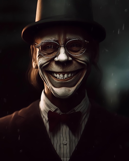 Premium AI Image  Hollow Evil Old face of a Scary Creature wearing Glasses  and vintage smile face Horror Movie Poster