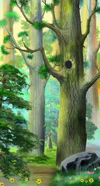 Hollow in a large pine tree in the taiga on a summer day Digital Painting Background Illustration