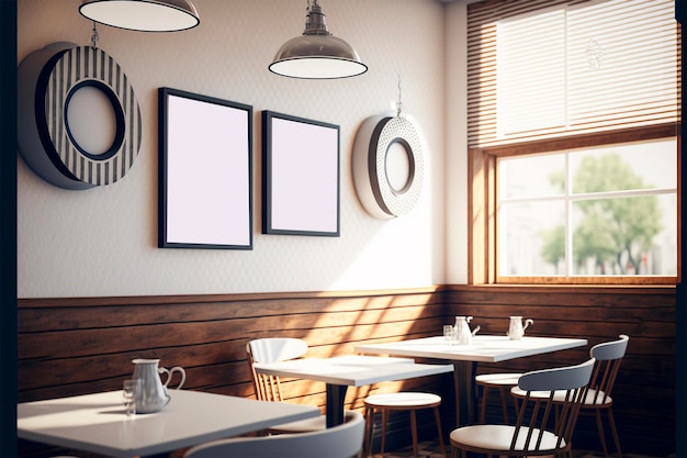 hollow white frame on wall opposite tables in retro cafe