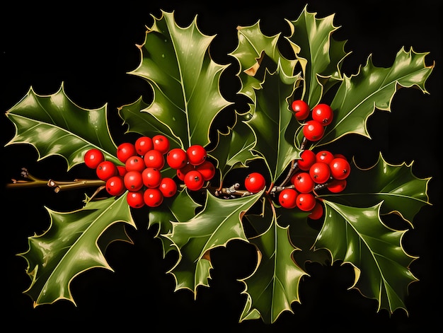 Photo holly berries on black background marry christmas concept