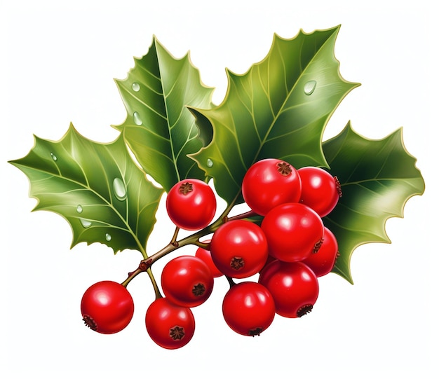 holly berries and leaves isolated on white background Png file