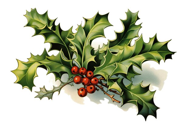 A holly branch with red berries and green leaves Generative AI image