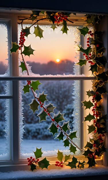 Holly and ivy adorning a frosty window illuminated by the soft glow of twiligh