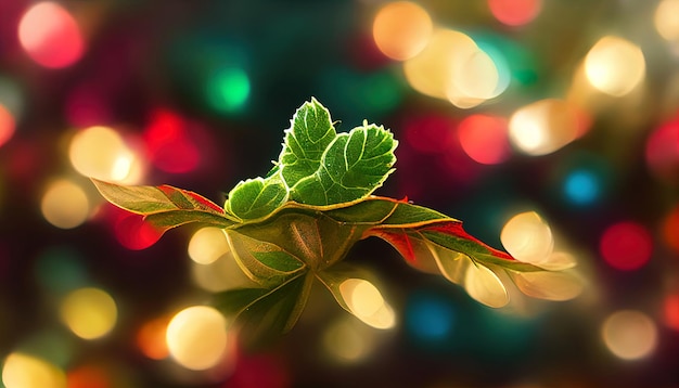 Holly leaf with blurred lights as christmas background