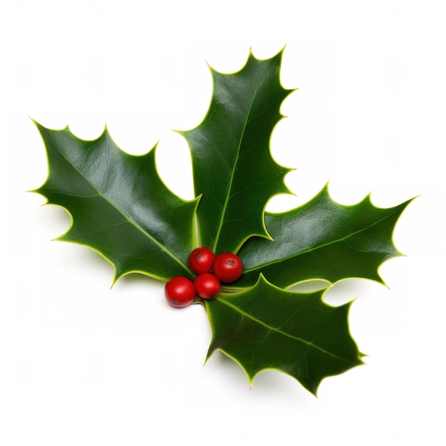 A holly leaf with red berries is on a white background.