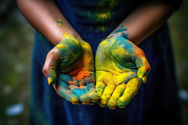 Photo holly's multi colored paints on her hands generative ai technology