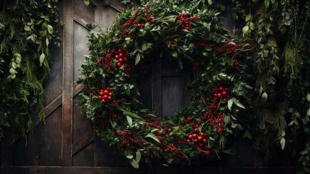 A holly wreath surrounded by leaves by a wooden door Generative AI