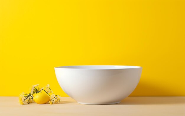 Hollyhock rests in a white bowl on the yellow background