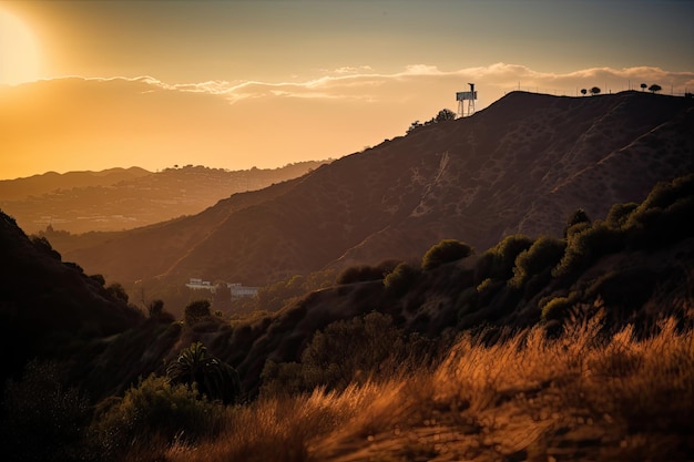 Hollywood sign Golden sunset over cinematic icon generative IA