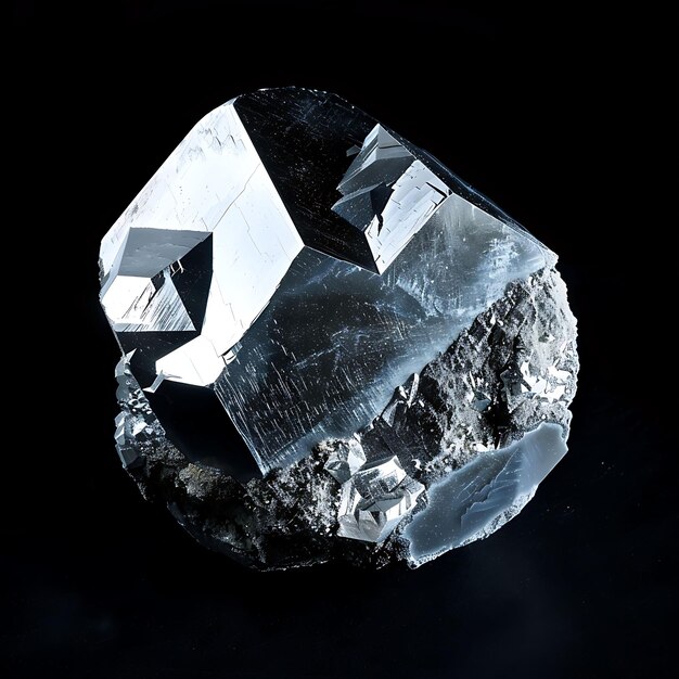 Photo holmium ore in a hexagonal shape silver color and a mirror l earth material isolated on black bg