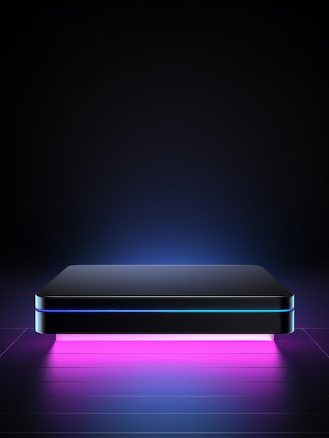 Holo LED Minimalistic Product Podium The Stage for Product Presentation on Black Background Geometric Platform Pedestal Ai Generated Vertical Podium Mockup for a Product advertisement