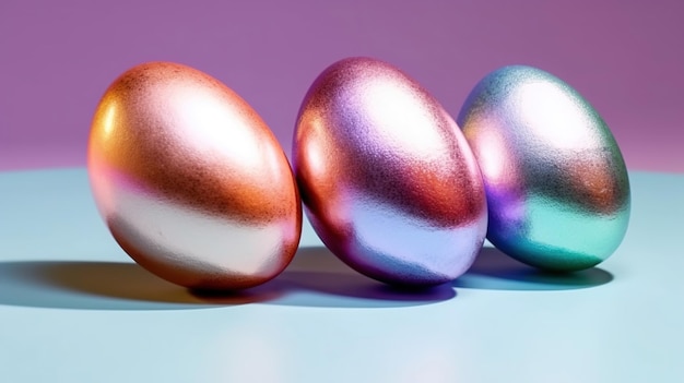 Holografisch metallic geverfde eieren op een achtergrond met kleurovergang gemaakt met Generative AI