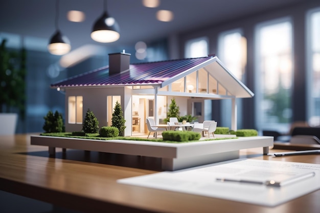 Holografisch onroerend goed Een futuristisch 3D-model van een klein huis op een tafel die hypotheekcontracten ondertekent