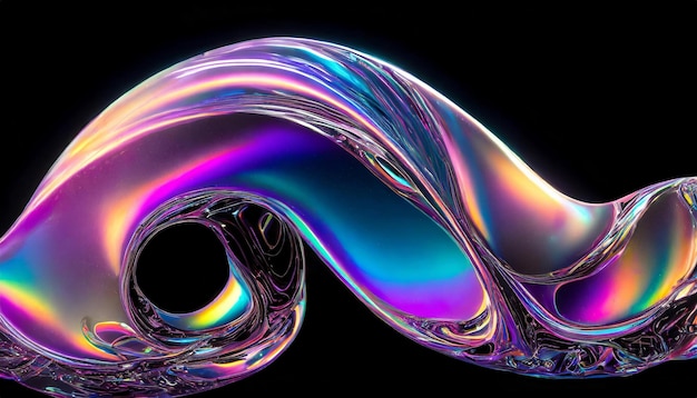 holografische abstracte vloeibare vormen op een zwarte achtergrond chromatische kleuren