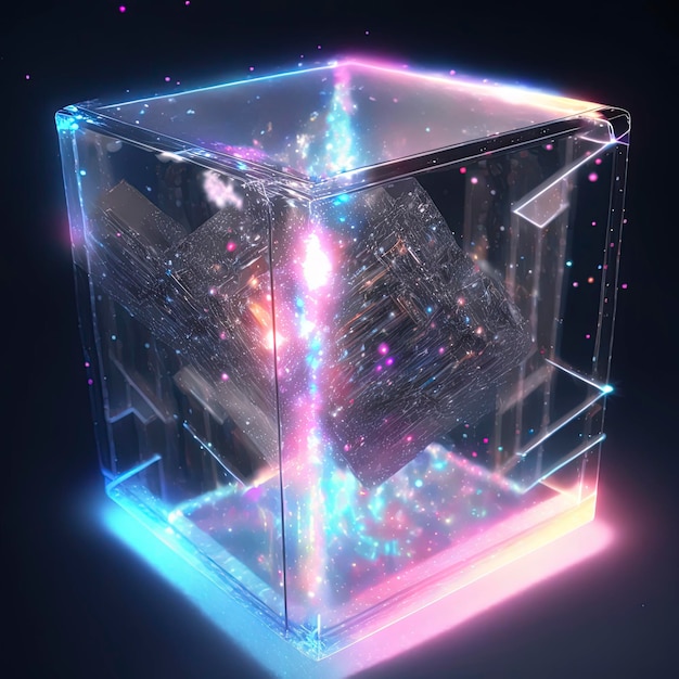 Holografische doos gevuld met melkwegstelsel, kwantumverlichting met zachte stralen