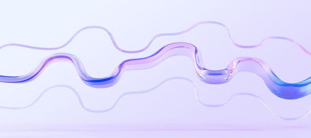Holografische glaslinten of golflijnen op paarse abstracte achtergrond 3d render Iriserende transparante kromme geometrische vormen met vloeibaar verlooptextuur dynamisch patroonbehang