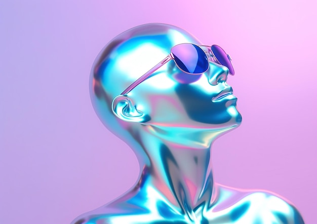 Foto holografische mannequin met zonnebril tegen een gradiënt roze en blauwe achtergrond generatieve ai