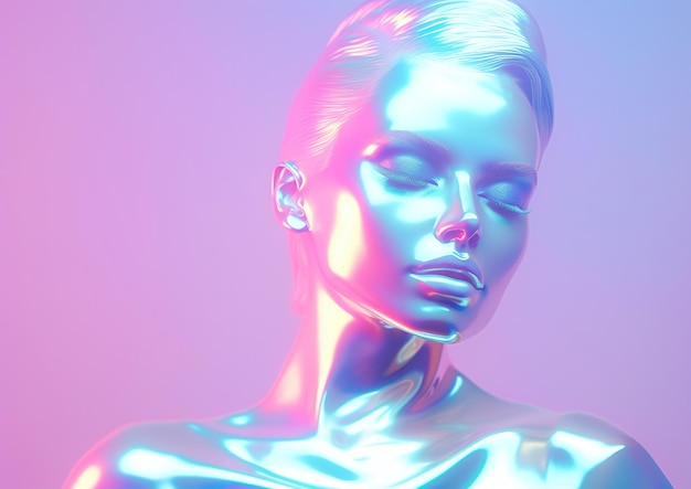 Holografische vrouw schitterend in stralende kleuren tegen een gradiënte achtergrond Generatieve AI