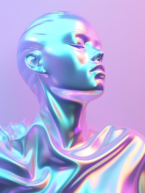 Holografische vrouw tegen een gradiënt roze en blauwe achtergrond die sereniteit uitstraalt Generatieve AI