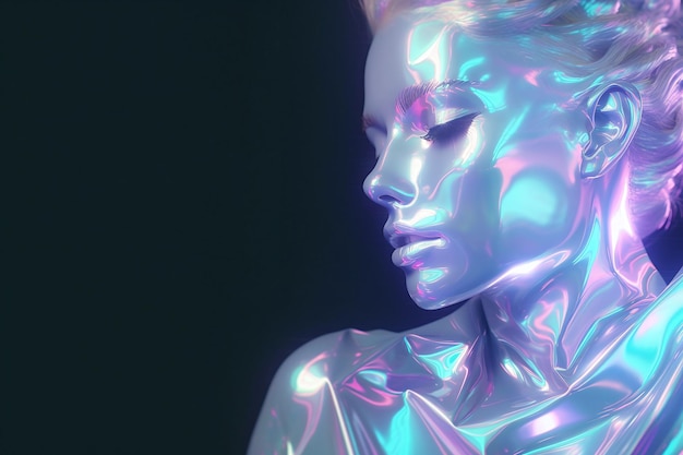 Holografische water vrouwensculptuur gebadend in kleurrijke lichtpatronen Generatieve AI