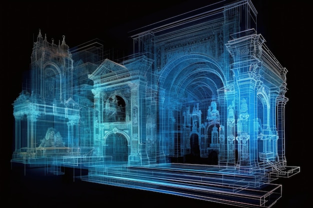 Holografische weergave van een gedetailleerde architectonische blauwdruk gemaakt met generatieve AI